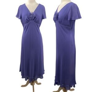Vintage Y2k Bias Cut Maxi Dress Slinky Rosette Flower V Neck Purple Womens 12